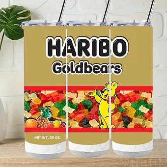 Haribo Goldbears-themed Bluetooth speaker tumbler featuring colorful gummy bears and branding.