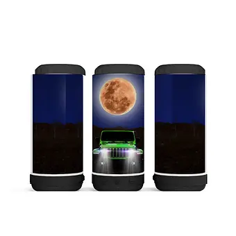 Bluetooth speaker tumbler featuring a glowing green Jeep under a full moon in a nighttime desert setting.