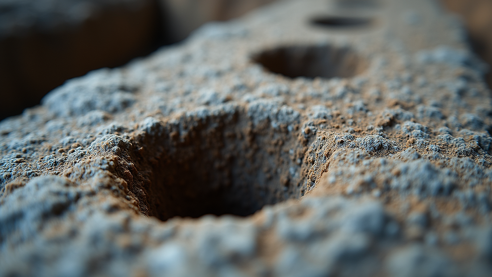 Eye-level view of drilled holes in rock prepared for splitting