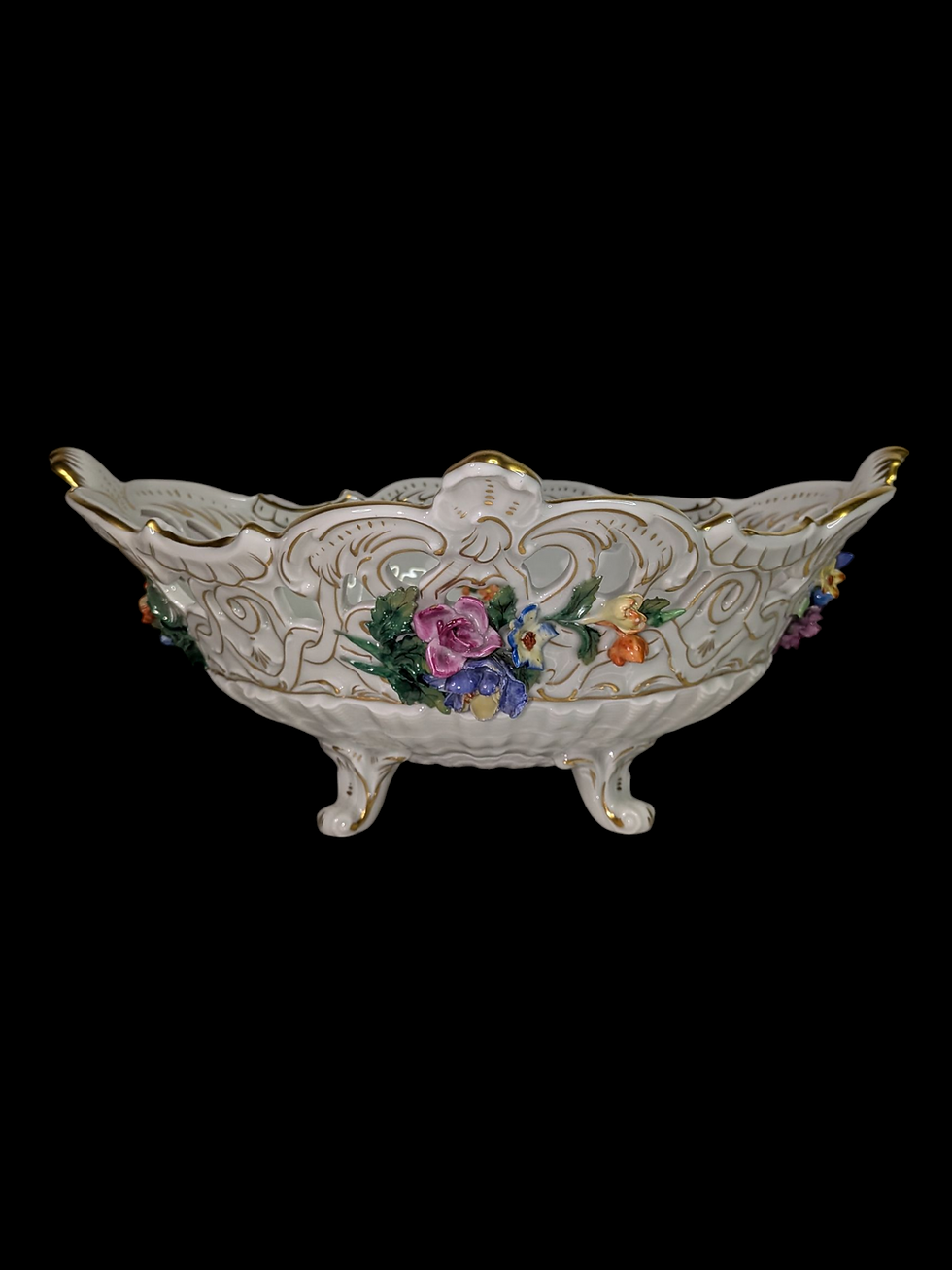 Dresden Floral Encrusted Reticulated Porcelain Center Piece Bowl