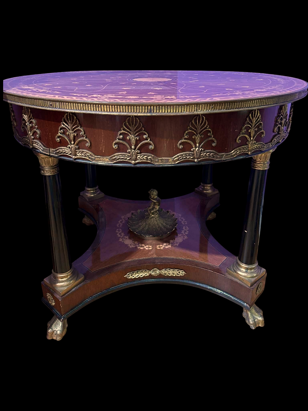 19th Century French Empire Marquette Inlayed Figural Ormolu Center Piece Table