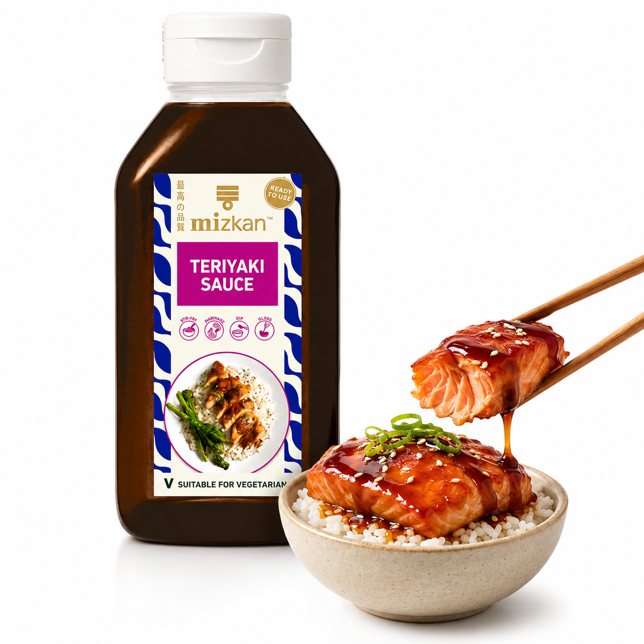Salsa Teriyaki Mizkan vegan glassata 1.1kg con salmone teriyaki e riso bianco su sfondo bianco