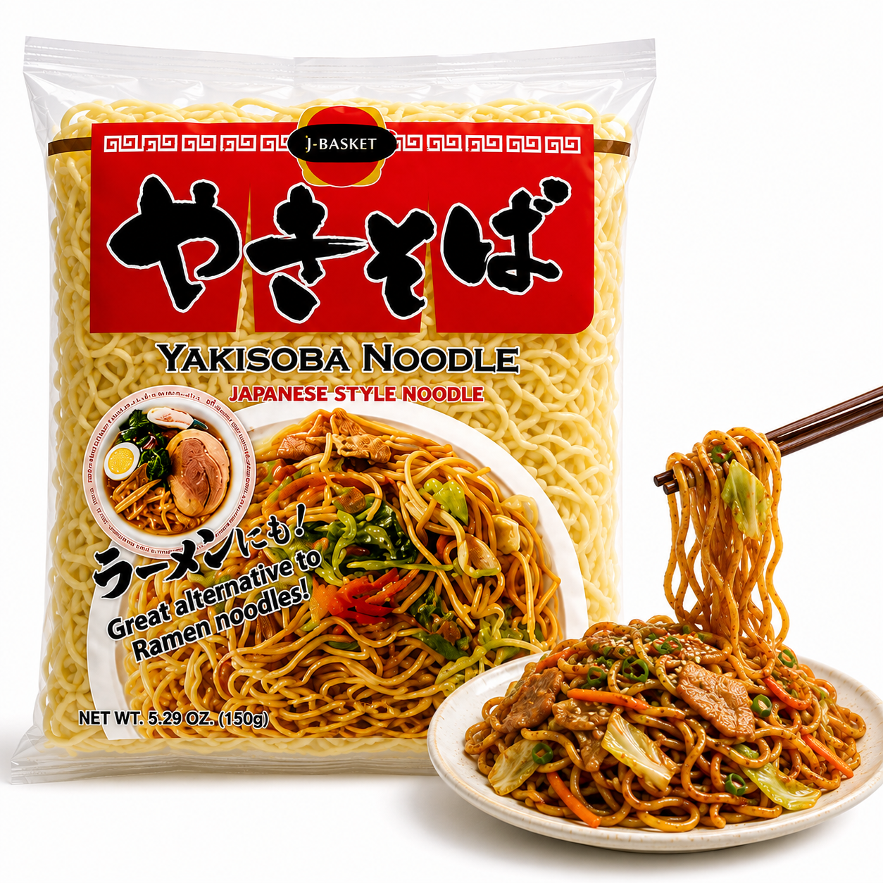 Noodles giapponesi precotti per yakisoba J-Basket 150g con piatto di yakisoba saltati