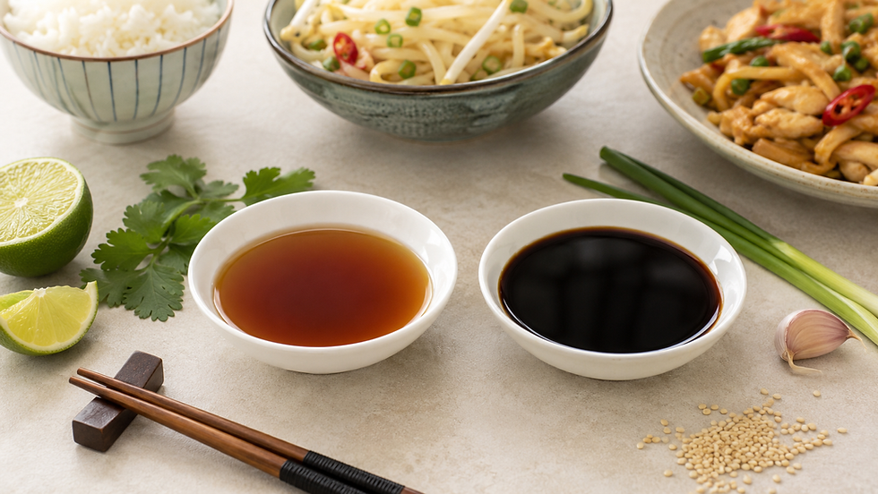 Salsa di pesce e salsa di soia a confronto con riso, noodles, lime ed erbe fresche