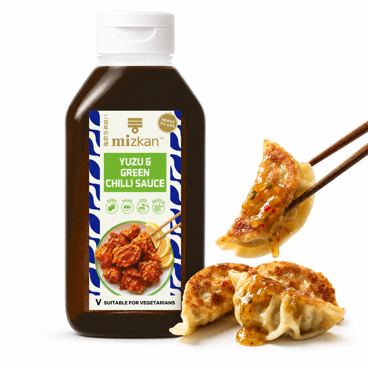 Salsa Yuzu Green Chilli vegan Mizkan 1kg con gyoza glassati su sfondo bianco