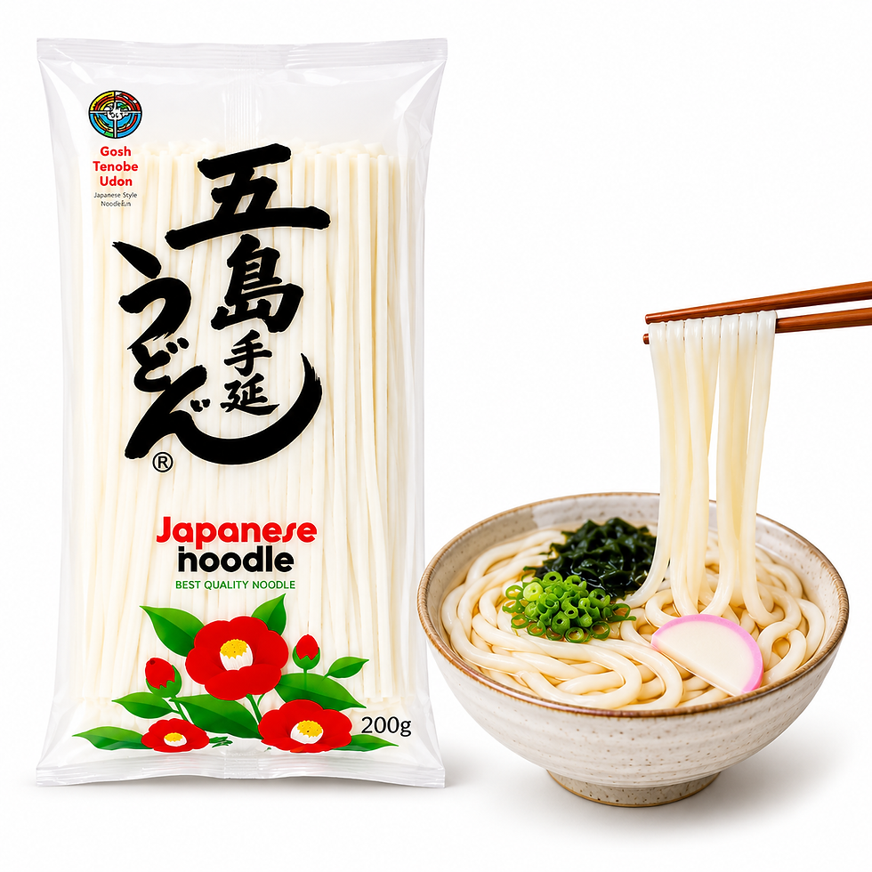 Udon noodles giapponesi Tenobe 200g con ciotola di udon in brodo e bacchette