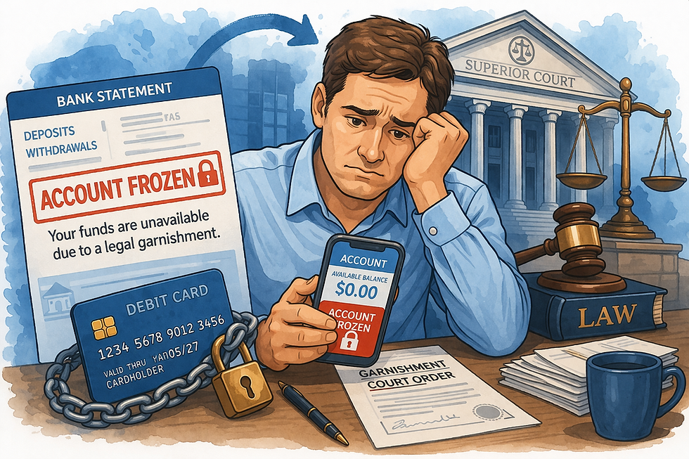 Bank account garnishment illustration showing frozen funds after creditor judgment in Georgia