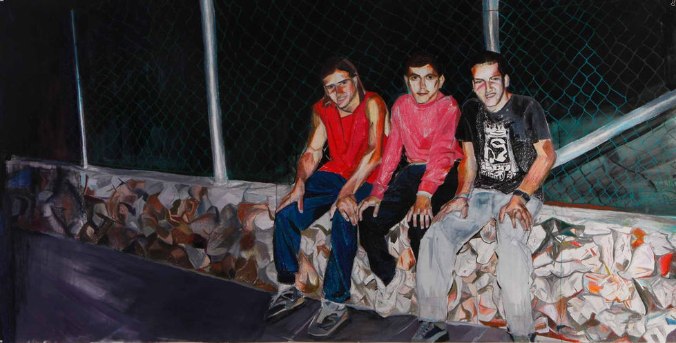 peace meeting in the 90s_2012_gouache and oil pastels_300X150