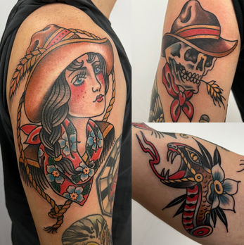cowgirl tattoo, cowboy tattoo, snake tattoo, Oahu tattoo artist,