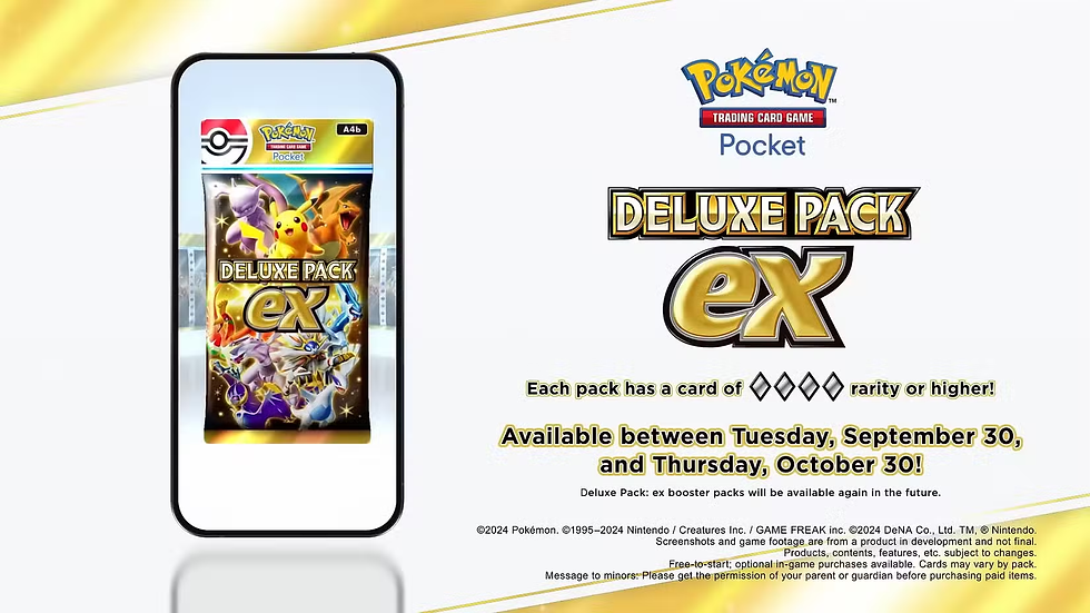 Smartphone displays a "Deluxe Pack ex" Pokémon card pack with characters. Text announces availability from Sept 30 to Oct 30. Bright setting.