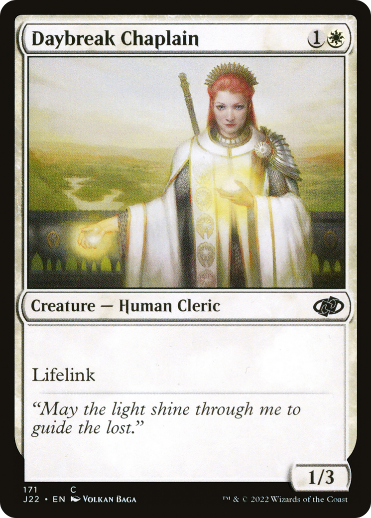 A serene figure in ornate robes glows with light, standing in a pastoral landscape. Text reads "Daybreak Chaplain" and "Lifelink."