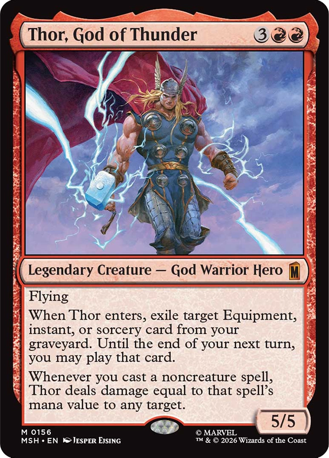 Thor, God of Thunder — Mythic Legendary Creature, God Warrior Hero, cost 3RR, 5/5, card #M0156. A powerfully built long-blond-haired warrior in blue and silver Norse-style armor strides forward confidently with a short-handled hammer in one hand, a flowing red cape billowing behind him, massive white and blue lightning bolts crackling dramatically through the stormy purple and grey sky around him. Flying. When Thor enters, exile target Equipment, instant, or sorcery card from your graveyard — until end of your next turn you may play that card. Whenever you cast a noncreature spell, Thor deals damage equal to that spell's mana value to any target. MSH set, red border, art by Jesper Ejsing, Marvel. 2026 Wizards of the Coast.