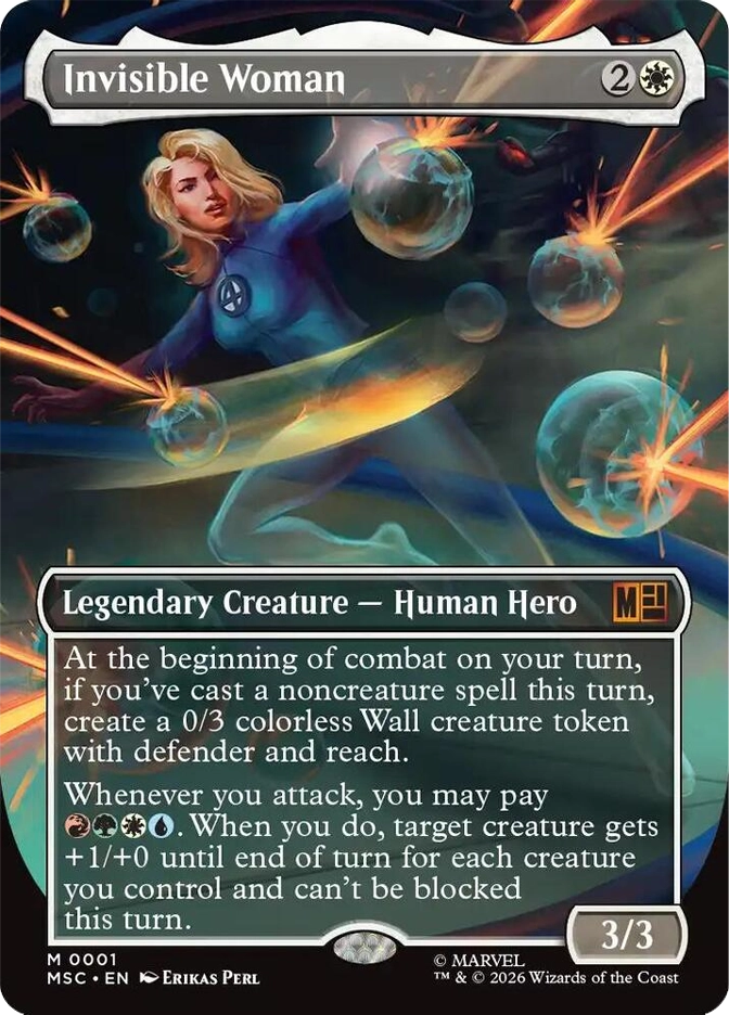 Invisible Woman — Mythic Legendary Creature, Human Hero, cost 2W, 3/3, card #M0001. A blonde woman in a sleek dark blue bodysuit with a circular 4 emblem crouches dynamically, multiple large translucent shimmering force field spheres orbiting around her as orange energy beams deflect off them in a dark environment. Abilities: At the beginning of combat on your turn, if you've cast a noncreature spell this turn, create a 0/3 colorless Wall creature token with defender and reach; Whenever you attack, you may pay a cost — if you do, target creature gets +1/+0 until end of turn for each creature you control and can't be blocked this turn. MSC set, extended art white/grey border, art by Erikas Perl, Marvel. 2026 Wizards of the Coast.