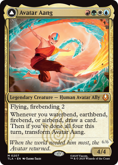 The Gathering card featuring Avatar Aang. Legendary 4/4 creature with flying and firebending. Draws cards when you bend elements; transforms if all four are bent in one turn.