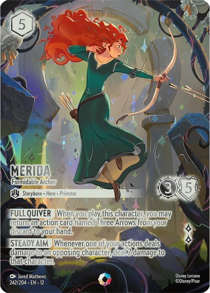 Merida, Formidable Archer — Disney Lorcana Character card, cost 5, Storyborn Hero Princess, 3 strength/5 willpower, card #242/204, Set 12. A young woman with wild flowing red hair in a green dress leaps dynamically through the air drawing back a wooden bow, sparkles and stone ruins in the background. Abilities: Full Quiver — When you play this character, you may return an action card named Three Arrows from your discard to your hand; Steady Aim — Whenever one of your actions deals damage to an opposing character, deal 2 additional damage to that character. Art by Jared Mathews, Disney/Pixar.