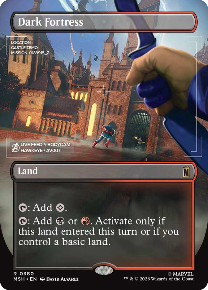 Magic: The Gathering MSH rare land Dark Fortress. Art by David Alvarez showing a Hawkeye bodycam live feed perspective of Castle Zemo, with a blue-gloved hand holding a weapon in the foreground and two figures fighting at the castle gate.