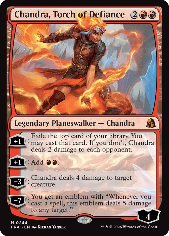 Chandra, Torch of Defiance — Mythic Legendary Planeswalker, Chandra, 2RR, starting loyalty 4, card #M0244. A fierce young woman with fiery orange hair and red goggles leaps forward amid billowing columns of orange and yellow flame, dark rocky terrain below and icy blue cliffs behind her. Loyalty abilities: +1 Exile top card, cast or deal 2 damage to each opponent; +1 Add RR; -3 Deal 4 damage to target creature; -7 Emblem — Whenever you cast a spell, deal 5 damage to any target. FRA set, art by Kieran Yanner.