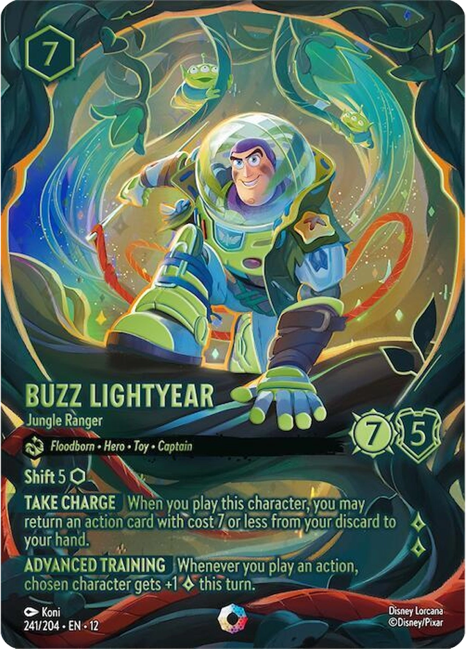 Buzz Lightyear, Jungle Ranger — Disney Lorcana Character card, cost 7, Floodborn Hero Toy Captain, 7 strength/5 willpower, card #241/204, Set 12. A confident space ranger in a white and green spacesuit crouches forward amid a lush swirling jungle environment, small green alien figures visible in the foliage above. Shift 5. Abilities: Take Charge — When you play this character, you may return an action card with cost 7 or less from your discard to your hand; Advanced Training — Whenever you play an action, chosen character gets +1 lore this turn. Art by Koni, Disney/Pixar
