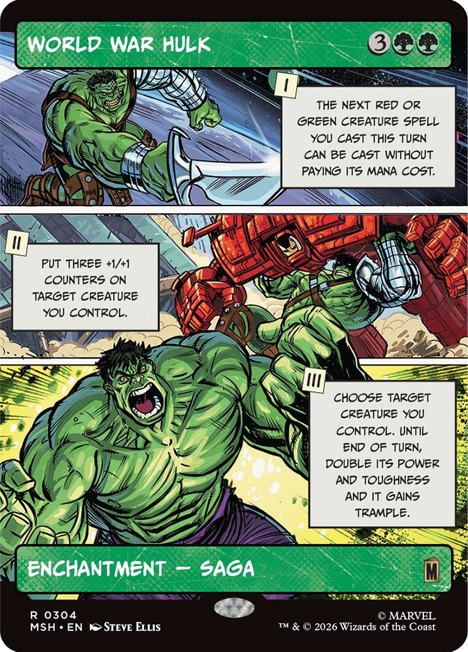 Magic: The Gathering MSH rare enchantment saga card World War Hulk. Art by Steve Ellis in a three-panel comic style. Panel I shows the Hulk in gladiator armor hurling an opponent through space. Panel II shows the Hulk grappling with a massive red armored enemy. Panel III shows a raging, unrestrained Hulk smashing forward. Three chapter abilities: cast a red or green creature spell for free, put three +1/+1 counters on a creature, and double a creature's power and toughness while granting trample.