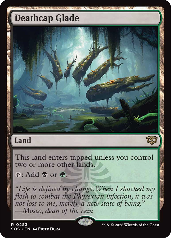 Magic: The Gathering — Secrets of Strixhaven. Deathcap Glade, Rare, Land. Art depicts a murky swamp with large moss-covered boulders floating in the air above still dark water, draped with hanging vines in a dim teal atmosphere.