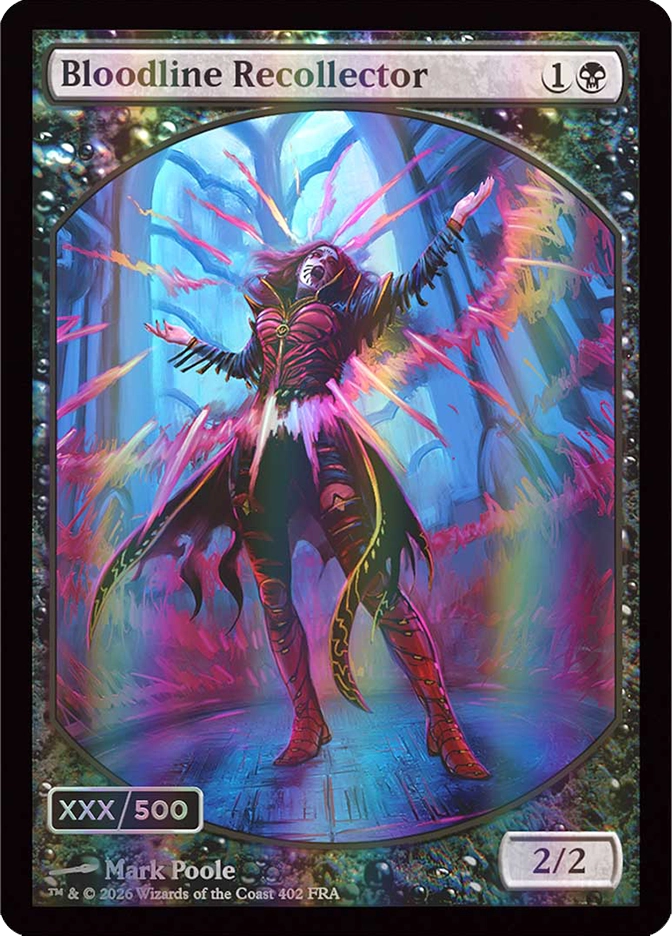 Bloodline Recollector — Mythic Creature, Vampire Warlock, 1B, 2/2, serialized collector foil #XXX/500. A pale vampire figure in dark red and black armor stands with arms thrown wide, screaming, as vivid multicolored energy ribbons in pink, red, and gold explode outward around her against a blue arched hall background. Full-art frameless oval presentation with rainbow holographic foil treatment. FRA set, card #402, art by Mark Poole.