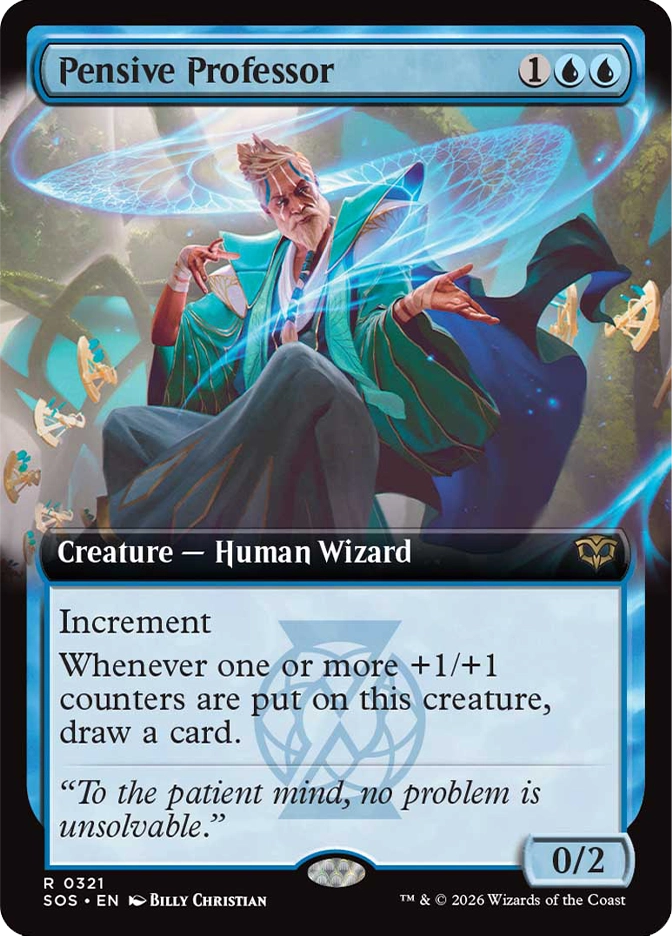 Magic: The Gathering — Secrets of Strixhaven. Pensive Professor, Rare, Creature — Human Wizard, 0/2. Art depicts an elderly wizard in a teal robe seated and gesturing with both hands as glowing blue disc-shaped constructs orbit around him.