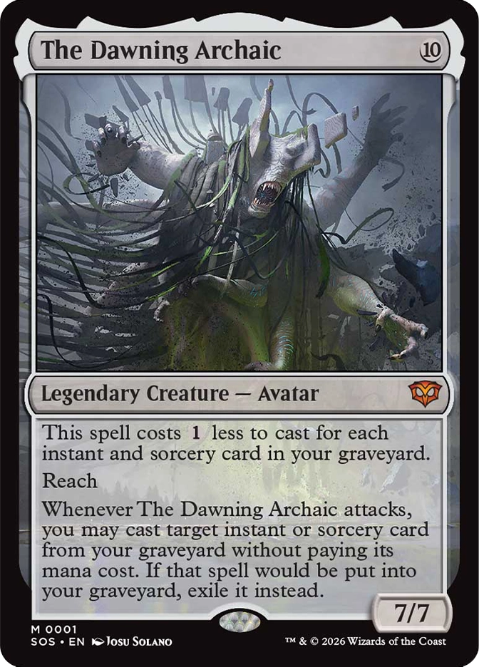 Magic: The Gathering — Secrets of Strixhaven. The Dawning Archaic, Mythic Rare, Legendary Creature — Avatar, 7/7. Art depicts a pale, unsettling creature with elongated limbs and a gaping mouth, tangled in dark vine-like tendrils, reaching upward in a misty grey environment.