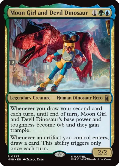 A card depicting a young hero riding a massive red dinosaur through a futuristic cityscape. The dinosaur appears mid-stride, and the background includes glowing lights and structures. The card frame is green and gold, with text about drawing cards and gaining trample.