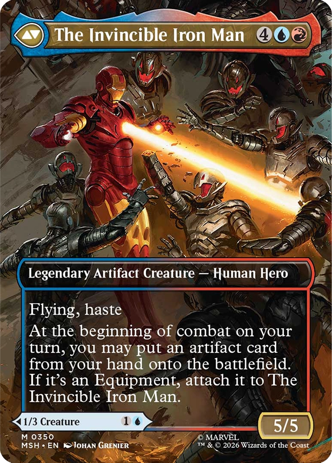 Magic: The Gathering MSH mythic rare legendary artifact creature card The Invincible Iron Man. Art by Johan Grenier depicting Iron Man in his red and gold armor firing a repulsor beam through a swarm of attacking dark robotic enemies. 5/5 Human Hero with flying, haste, and an ability to deploy an artifact from hand to the battlefield at the beginning of combat, auto-equipping it if it is Equipment.