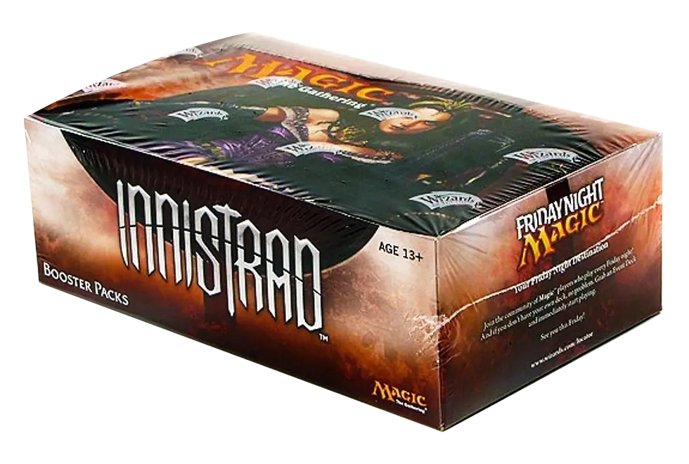 Box of Magic: The Gathering Innistrad booster packs, featuring artwork of a woman. Text includes "Friday Night Magic" and "AGE 13+."