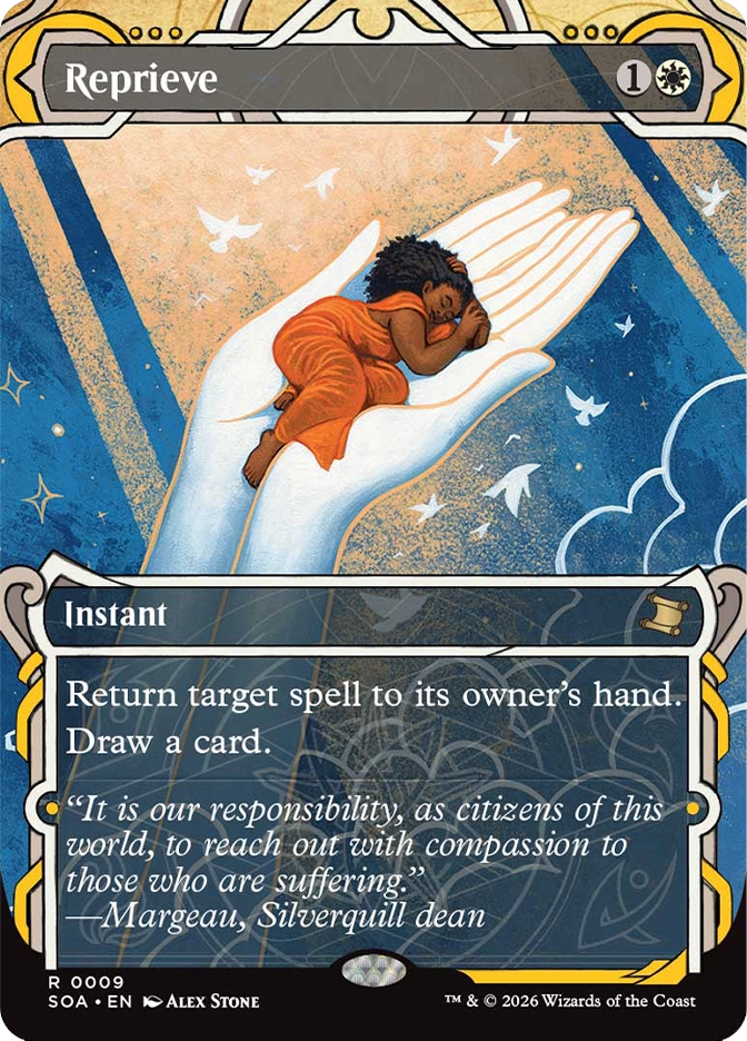Magic: The Gathering — Secrets of Strixhaven Mystical Archive (English). Reprieve, Rare, Instant. Art depicts a small sleeping child curled peacefully in an outstretched glowing hand, set against a golden and blue sky with white doves, in a warm painterly style.