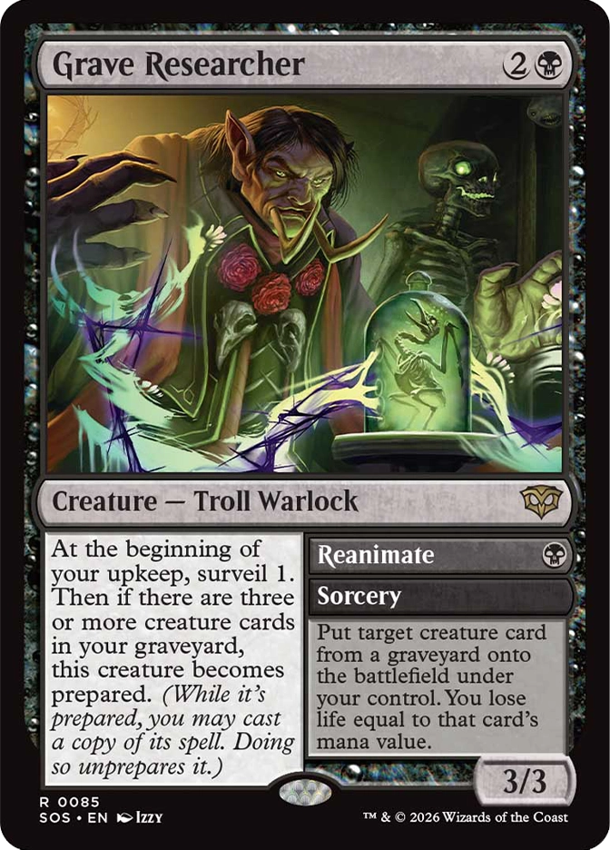 Magic: The Gathering — Secrets of Strixhaven. Grave Researcher, Rare, Creature — Troll Warlock, 3/3. Art depicts a sharp-toothed troll scholar leaning over a glowing specimen jar containing a skeletal creature, with a reanimated skeleton looming behind in a dimly lit laboratory.