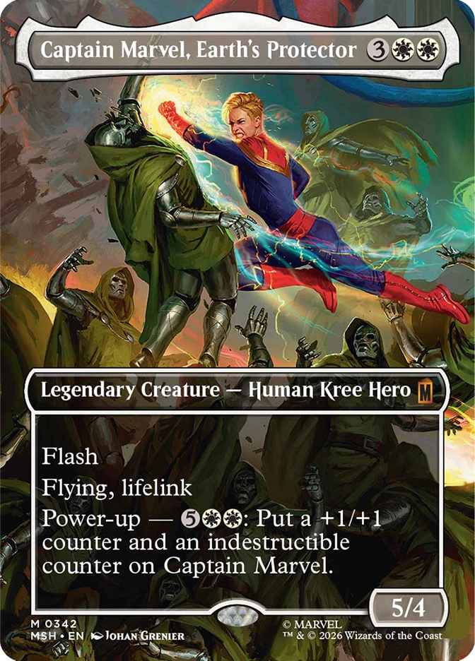 Magic: The Gathering MSH mythic rare legendary creature card Captain Marvel, Earth's Protector. Art by Johan Grenier depicting Captain Marvel in her blue and red costume flying through a horde of armored enemies, punching one with energy-charged fists while surrounded by crackling lightning. 5/4 Human Kree Hero with flash, flying, lifelink, and a Power-up ability that places both a +1/+1 counter and an indestructible counter on her.