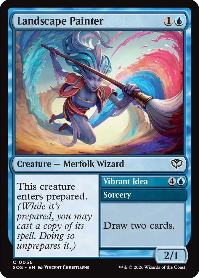 Magic: The Gathering — Secrets of Strixhaven. Landscape Painter, Common, Creature — Merfolk Wizard, 2/1. Art depicts a blue-skinned merfolk leaping forward while sweeping a large paintbrush that trails vibrant arcs of teal and pink magical paint across a desert canyon backdrop.