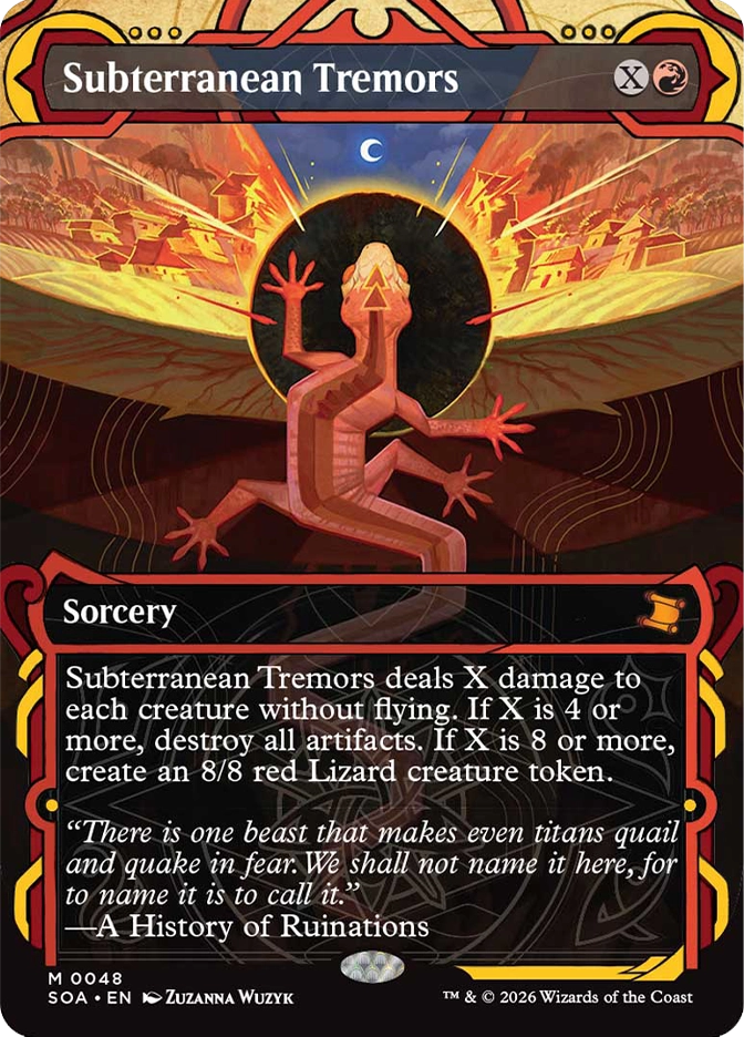 Magic: The Gathering — Secrets of Strixhaven Mystical Archive (English). Subterranean Tremors, Mythic Rare, Sorcery. Art depicts a stylized red lizard creature with a triangular marking on its head, posed against a circular dark void with a crescent moon, surrounded by radiating golden devastation and burning settlements.