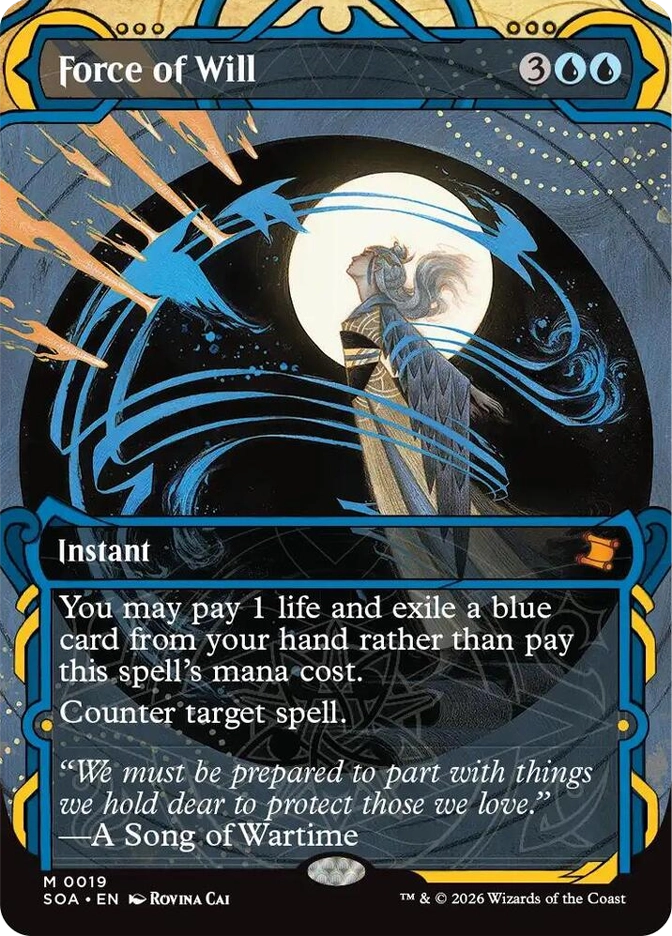 Force of Will — Mythic Instant, 3UU. An elegant figure stands silhouetted against a full moon, surrounded by sweeping blue brushstroke energy arcs on a dark background. SOA set, card M0019, art by Rovina Cai.