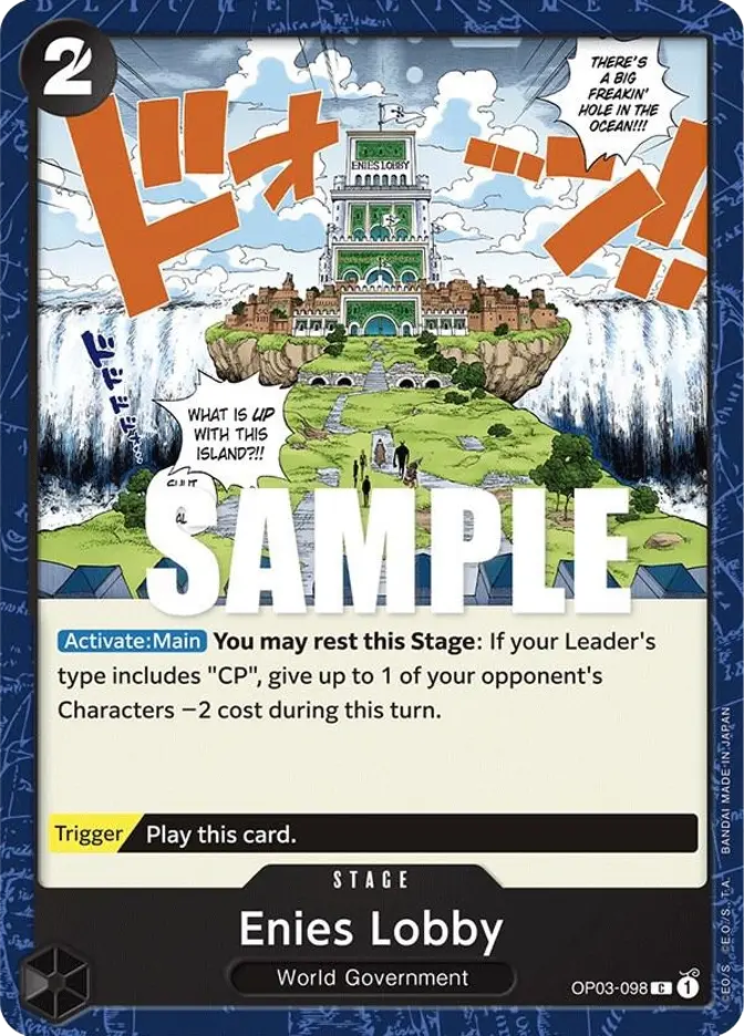 Card with Enies Lobby building, waterfalls, and sky. Text reads "What is up with this island?!" and card details for gameplay. Mood is adventurous.