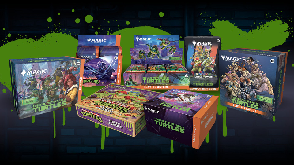 Magic and Teenage Mutant Ninja Turtles' themed card packs arranged against a dark, green-splattered background. Boxes feature vivid artwork.