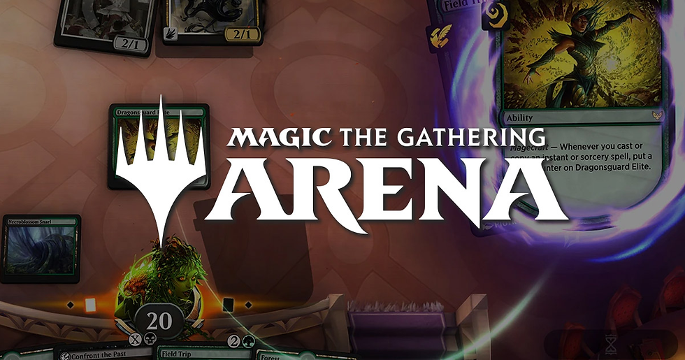 Magic: The Gathering Arena game screen showing cards in play. Central text reads "Magic The Gathering Arena" with a fantasy-themed design.