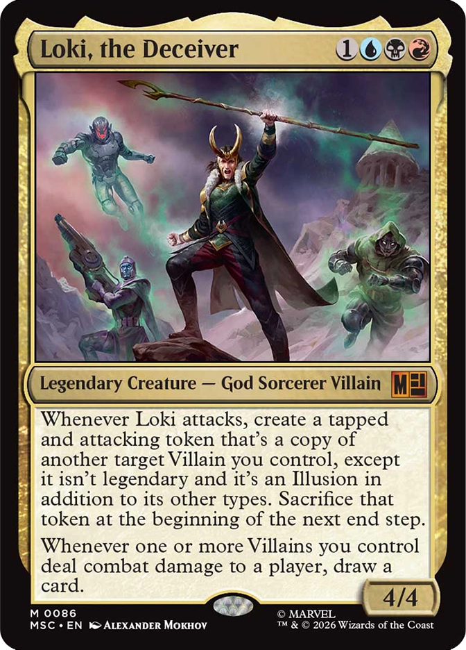Loki, the Deceiver — Mythic Legendary Creature, God Sorcerer Villain, cost 1UBR, 4/4, card #M0086. A lean dark-haired figure in a green and gold Norse-style outfit with a gold-horned helmet raises a long staff overhead dramatically, three glowing green phantom-like villain figures looming in the smoky purple and teal background behind him, a purple armored robotic figure on the left, a hooded figure on the lower left, and a green cloaked figure on the right. Whenever Loki attacks, create a tapped and attacking token copy of another target Villain you control that isn't legendary and is an Illusion — sacrifice it at the beginning of the next end step. Whenever one or more Villains you control deal combat damage to a player, draw a card. MSC set, gold multicolor border, art by Alexander Mokhov, Marvel. 2026 Wizards of the Coast.