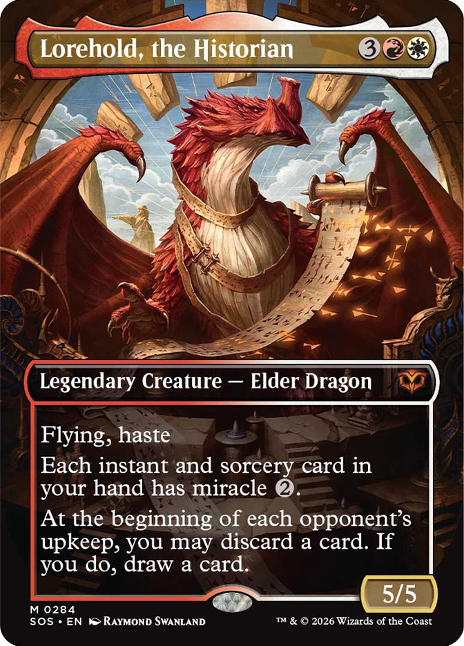 Magic: The Gathering — Secrets of Strixhaven. Lorehold, the Historian, Mythic Rare, Legendary Creature — Elder Dragon, 5/5. Art depicts a large red and white dragon unfurling a long glowing scroll inside a stone archway.