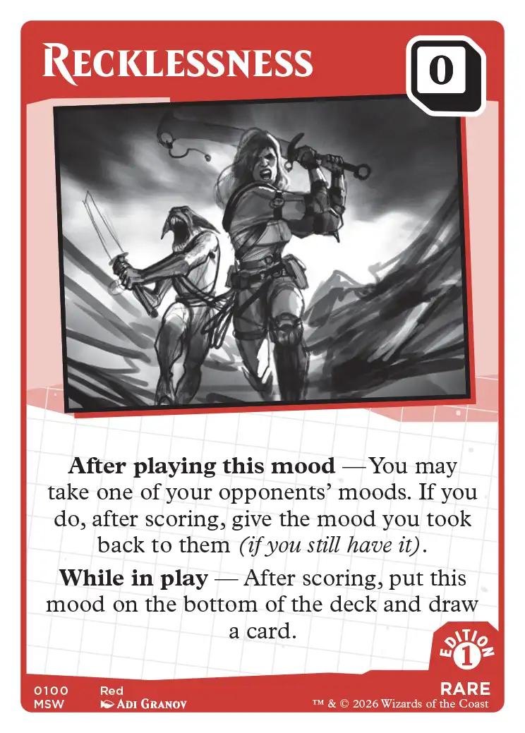 Recklessness — Mood Swings Mark Rosewater card game, Red Rare mood card #0100. Dice value: 0. A battle-ready woman in tactical gear shouts while swinging a weapon overhead, a second smaller armored figure visible beside her, rendered in dynamic grayscale sketch style. Abilities: After playing this mood — You may take one of your opponents' moods, then return it after scoring. While in play — After scoring, put this mood on the bottom of the deck and draw a card. MSW Edition 1, art by Adi Granov.