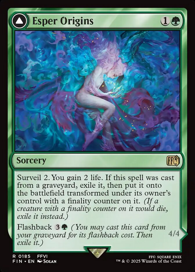 Magic card "Esper Origins" features a mystical figure with flowing colors of blue, pink, and purple, surrounded by ethereal swirls.