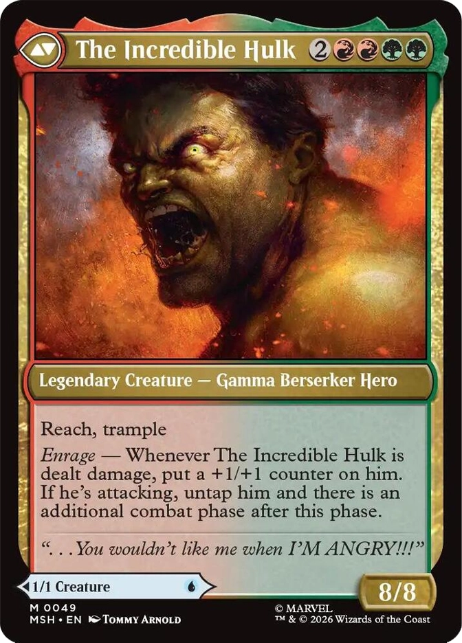 Angry Hulk card art titled The Incredible Hulk, roaring amid orange flames; Magic card shows Gamma Berserker Hero, 8/8.