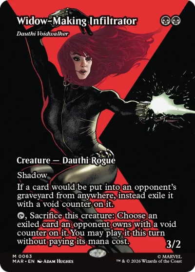 A card showing a sleek figure in a black suit striking a dynamic pose against a bold red and black background. The card frame is black, and text describes shadow abilities and exiling opponent cards.