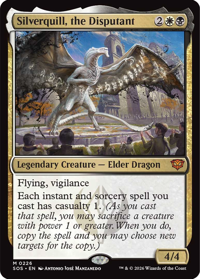 Magic: The Gathering — Secrets of Strixhaven. Silverquill, the Disputant, Mythic Rare, Legendary Creature — Elder Dragon, 4/4. Art depicts a large white and grey dragon with wings spread wide, covered in swirling glyphs, standing before an ornate campus building as students look on from below.