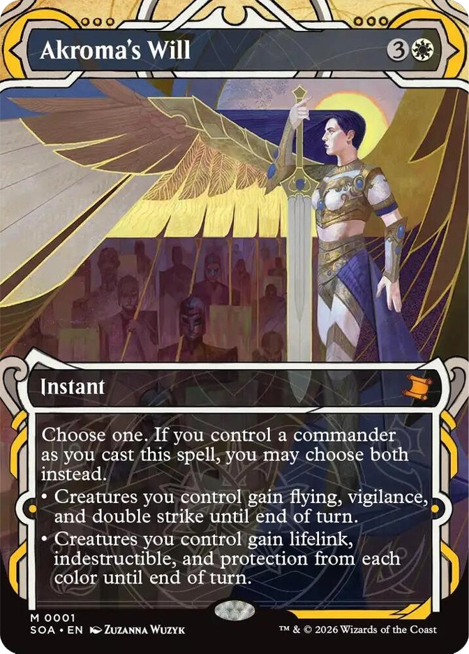 Mythic Instant, 3W. A winged warrior woman in golden armor raises a sword skyward before a crowd of silhouetted soldiers, sunlight breaking behind her. SOA set, card M0001, art by Zuzanna Wuzyk."