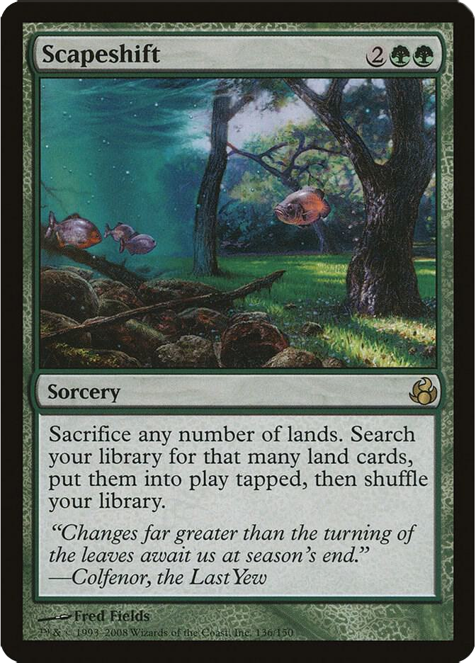 Magic: The Gathering card "Scapeshift." Underwater scene with fish, trees, and light filtering through water. Text includes rules and flavor quote.
