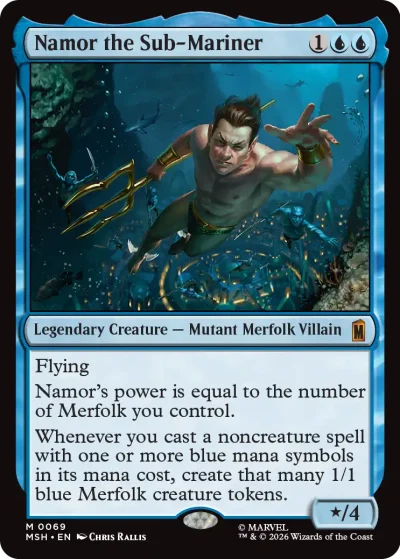 A card featuring Namor swimming underwater with a golden trident, surrounded by bubbles and marine life. The card frame is blue, and text emphasizes flying and creating merfolk tokens.