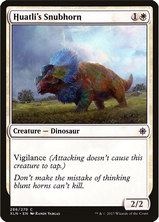 A colorful dinosaur with blue and green spikes runs in a grassy field under a cloudy sky. Card text reads "Huatli's Snubhorn, Creature — Dinosaur."
